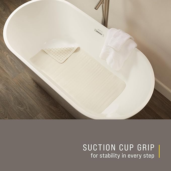 Rubbermaid Commercial Products Bath Tub and Shower Mat, 36-Inch X 18-Inch, White, Extra Long, Machine Washable, Safti-Grip Non-Slip Bathroom Mat with Suction Cups for Home/Hotel/Shower/Bathtub