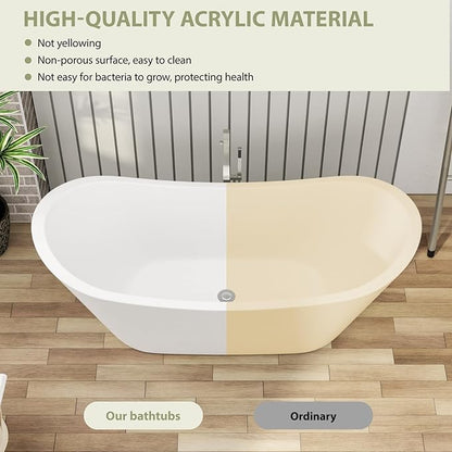 67 Inch Acrylic Freestanding Soaking Bathtub - Mocoloo Contemporary Soaking White Tub Stand Alone Bathtub with Overflow and Drain