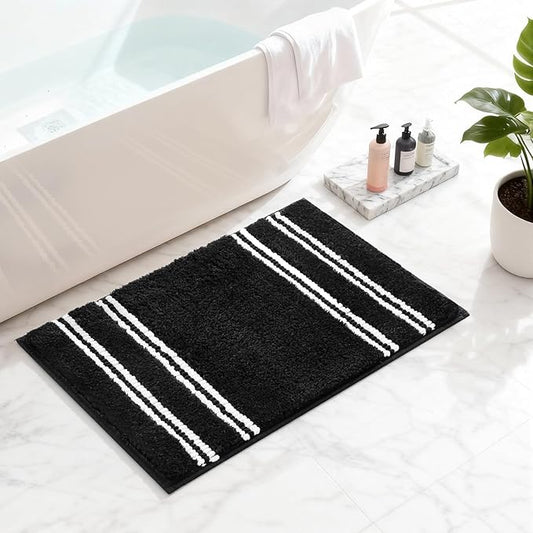 Kmson Bathroom Rugs Mat, 17"x24" Ultra Soft Washable Shaggy Chenille Bath Rugs, Non-Slip Fluffy Thick Water Absorbent Microfiber Mat for Bathtub, Sink and Shower, Black