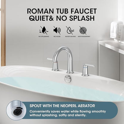 High Flow Roman Tub Faucet with Valve, Widespread Solid Brass 3 Hole Bathtub Faucet, 2 Handle Deck Mount Bath Tub Filler with Supply Water Hoses, Polished Chrome