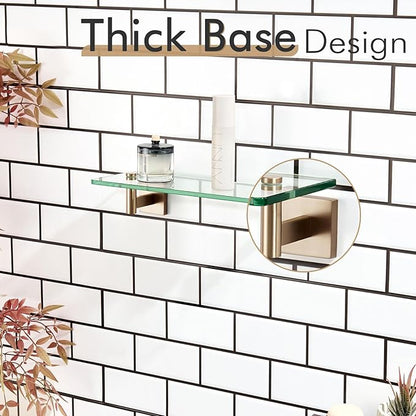 KOKOSIRI Wall Shelves Bathroom Hardware Glass Floating Shelf Small Hanging Rack Storage/Room Decor 12-Inch Champagne Bronze 2 Pack B1105CPG-L12-P2