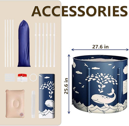 BDL Portable Bathtub, Foldable Adult Japanese Soaking Bath Tub, BDL Freestanding Ice and Hot tubs with Thermal Foam, Folding Spa Bath Tub for Small Spaces Free Pillow and Storage Bag Whale Blue