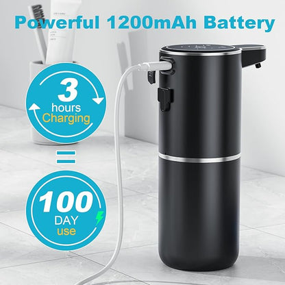 Automatic Soap Dispenser Touchless, 4-Level Adjustable 1200mAh, 12.8oz/380ml Wall or Countertop Mounted, Modern Electric Hand Soap Dispenser for Kitchen, Bathroom, Kids & Family - Black