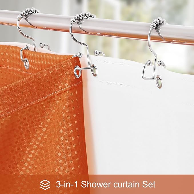 3 in 1 Long Burnt Orange Shower Curtain Set-72 W x 78 H, Modern Waffle and PEVA Liner Set with 12 Stainless Steel Hooks, Waterproof Fabric for Bathroom