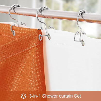 3 in 1 Long Burnt Orange Shower Curtain Set-72 W x 78 H, Modern Waffle and PEVA Liner Set with 12 Stainless Steel Hooks, Waterproof Fabric for Bathroom