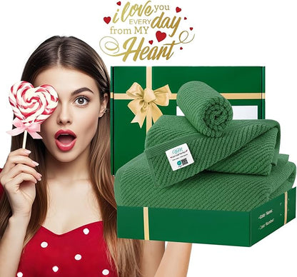 VOOVA & MOVAS 3 Piece Towel Set - 100% Cotton | Quick Dry | Light Weight | Thick | Soft, 1 Large Bath 30"x56", 1 Hand 18"x28",1 Wash Cloth 13" x 13", Luxury Towel Gift Set, Hunter Green