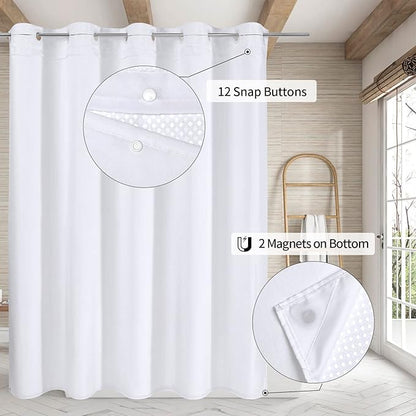 MitoVilla White Waffle Long Shower Curtain Liner Set 72 x 80, No Hooks Needed 80 inch Long Heavyweight Fabric Shower Curtain Set with Snap-in Liner for Hotel Grade Spa-Like Bathroom Decor