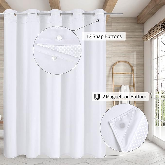 MitoVilla No Hooks Need White Waffle Shower Curtain Liner Set, Modern Waffle Weave Fabric Shower Curtains with Snap-in Liner for Luxury Hotel Grade Spa-Like Bathroom Decor, 72 x 74