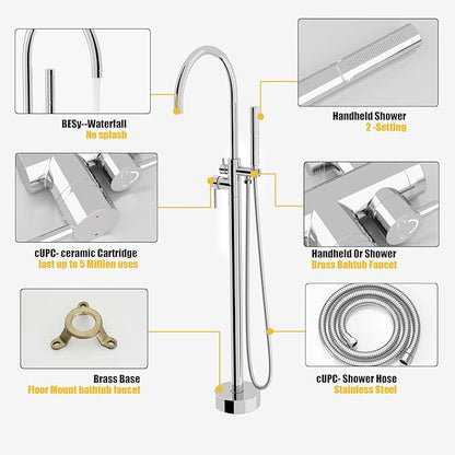 BESy Freestanding Bathtub Faucet Tub Filler Free Standing Floor Mount Stand Brass Bathroom Tub Faucets with 2 Function Hand Sprayer Shower Handheld Wand Swivel Spout, Polished Chrome Finish