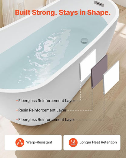 VEVOR Acrylic Freestanding Bathtub, 67 Inch Contemporary Soaking White Tub with Brushed Nickel Overflow and Drain, Elegant Oval Shape Stand Alone Soaker Bathtub for Modern Bathroom or Remodel Project