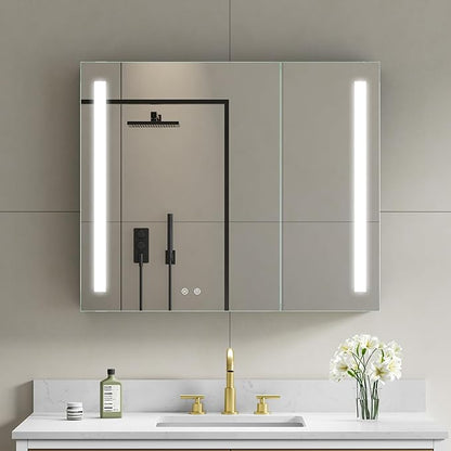 WELLFOR 36" X 30" LED Medicine Cabinet with Mirror, Double Opening Door, Recessed or Surface Cabinet Mirror, Bathroom Mirror Cabinet, Medicine Cabinet with Lights with Outlets & USB Ports