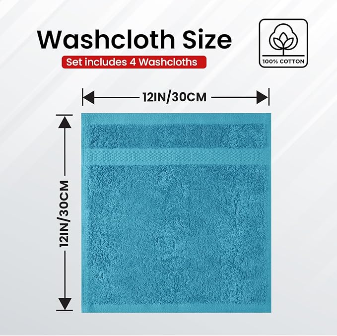 Infinitee Xclusives Luxury Wash Cloths for Showering [13x13] – 100% Cotton Washcloths [Pack of 4], Soft and Absorbent Face Towels for Bathroom Wash Clothes, Gym, and Spa (Serene Teal)