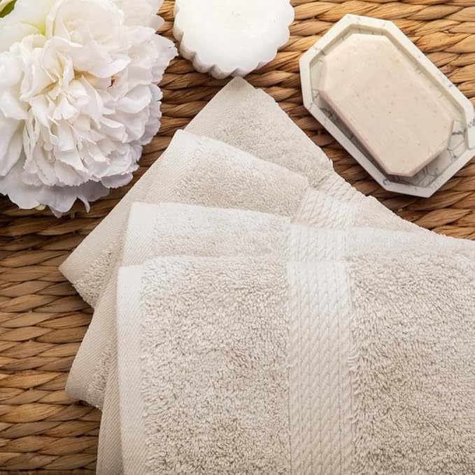 Superior Egyptian Cotton Pile Hand Towel Set of 4, Ultra Soft Luxury Towels, Thick Plush Essentials, Absorbent Heavyweight, Guest Bath, Hotel, Spa, Home Bathroom, Shower Basics, Stone