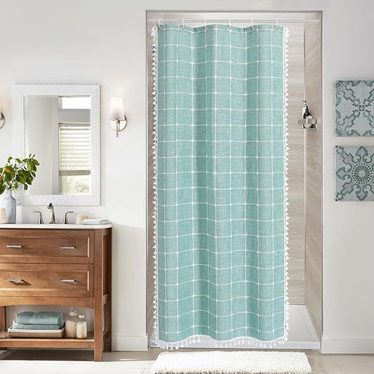 MitoVilla Teal Blue 36 x 72 Boho Small Stall Shower Curtain, Turquoise Narrow Polyester Linen Fabric Shower Curtains for Farmhouse Bathroom Decor, Half Size Cloth Shower Curtain Set with Hooks