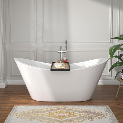 59" Freestanding Acrylic Bathtub – White Double Slipper Soaking Tub with Chrome Drain & Overflow, Glossy Finish for Modern Bathrooms #YSB9210