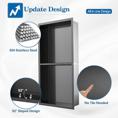 12" x 24" Shower Niche No Tile Needed, 304 Stainless Steel Shower Wall Niche, Recessed Shower Shelf for Shower or Bathroom Storage, Black