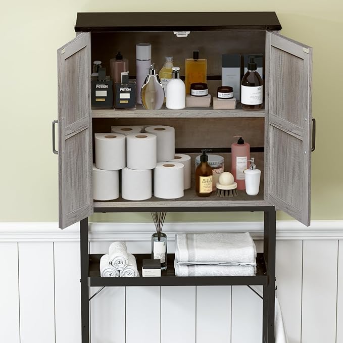 Over The Toilet Storage Cabinet, Bathroom Above Toilet Cabinet Organizer with Doors and Adjustable Shelves, Bathroom Shelf Organizer with Anti-Tip Device & Drain Rack, Grey