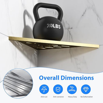 POPFLY 10 Inch Gold Corner Shower Shelf 2 Pack, 304 Stainless Steel Bathroom Shelves for Tiled Wall, No Drilling Recessed Organizer, Luxurious Floating Shower Shelf with Anti-Slip Design, PF7501G