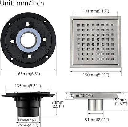 6 Inch Square Shower Floor Drain with Flange,Quadrato Pattern Grate Removable,Food-Grade SUS 304 Stainless Steel,Brushed Nickel