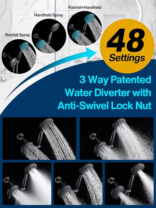 Cobbe Dual Handheld Shower Head Combo, Powerful Water-Saving Shower System 2 in 1 High Pressure Rainfall Shower Combo 48-Setting 3-Way Water Diverter with Anti-Swivel Lock Nut, 6 Spray Mode