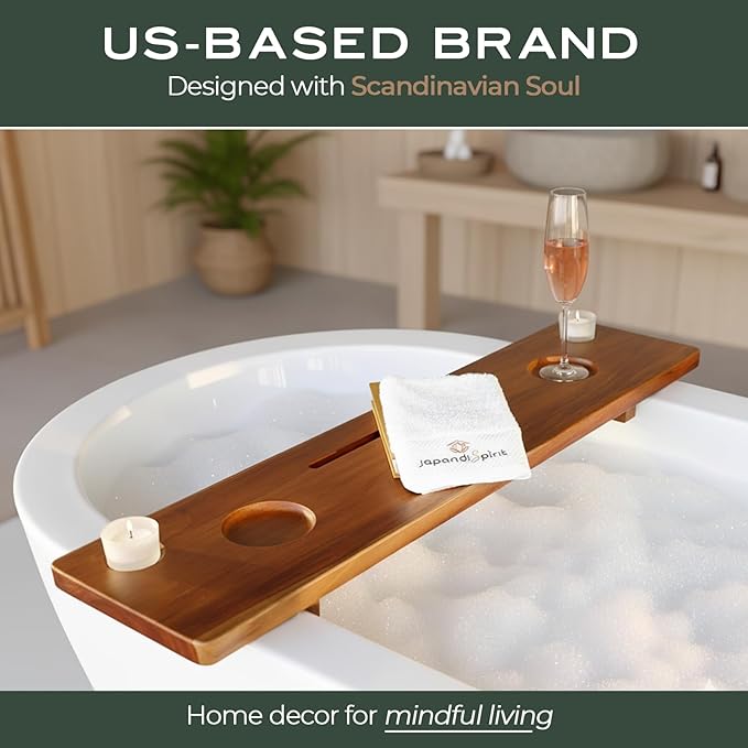 Grand Fjord | Teak Bathtub Tray for Large Soaking Tub | Extra Long 35” Luxury Bath Caddy for Freestanding Tubs | Minimalist Wooden Tub Tray with Candle Holders & Premium Towel by JapandiSpirit