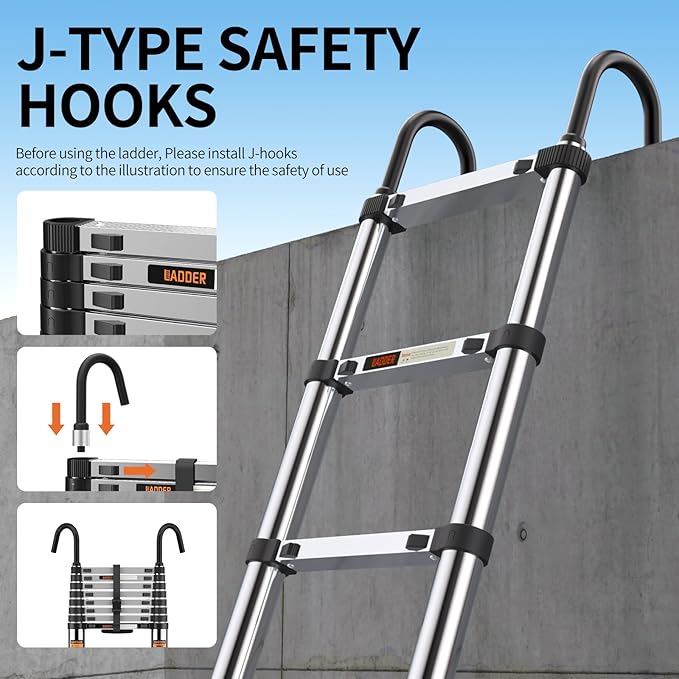 Telescoping Ladder,with Stable Hook and stabilizer barand,13.5FT Extension Ladder, Heavy Duty 330lbs Max Capacity, Multi-Purpose Collapsible Ladder for RV or Outdoor Work (4.1M/13.5FT)