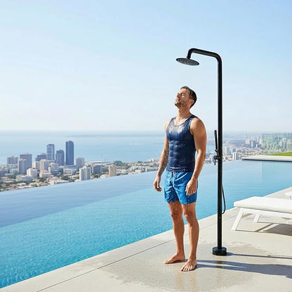 Freestanding Outdoor Shower – Height Adjustable Matte Black Outdoor Shower Fixtures with 10”Rain Shower Head & Handheld for Backyard,Garden,Pool,Beach – Rust-Resistant Stainless Steel Outside Shower