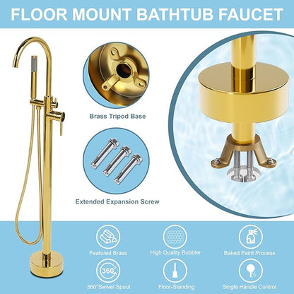 Freestanding Bathtub Faucet, Floor Mount Bathtub Faucet with 2 Water Outlet Modes, Swivel Gooseneck Spout with Hand Shower, Brass Single Handle Tub filler, Max Flow Rate 7.4 GPM, Gold