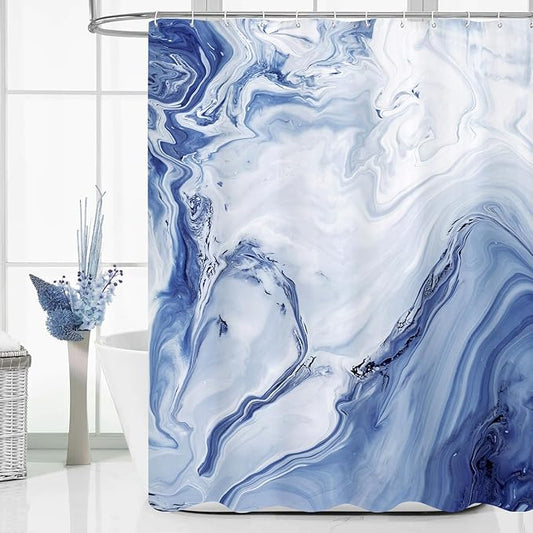 MitoVilla Navy Blue Marble Extra Long Shower Curtain Set 72 x 84, Modern Ombre 84 inch XL Shower Curtains for Chic Bathroom Decor, Abstract Watercolor Fabric Shower Curtain