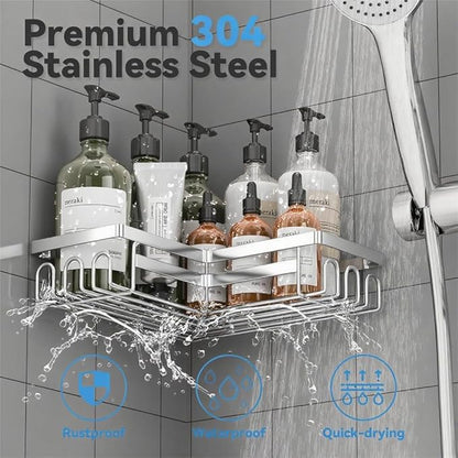 3 Pack Adhesive Corner Shower Caddy Shelf Organizer Rack, No Drilling Stainless Steel Shower Storage Rack with Hooks for Bathroom Storage & Home Decor
