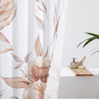 Orange and Grey Boho Watercolor Floral Shower Curtain, Ink Painting Style Blossom & Leaf Shower Curtains for Chic Elegant Bathroom, Artistic Fabric Cloth Flower Shower Curtain, 72x72