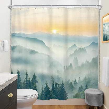 Riyidecor Extra Long Mountain Shower Curtain 72Wx84H Inch Green Yellow Sunrise Sunset Misty Scenery Landscape Nature Woodland Greenery View Bathroom Decor Fabric Polyester Waterproof 12 Pack Hooks
