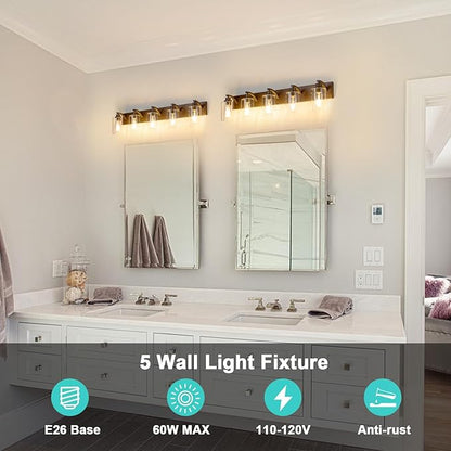 5-Light Bathroom Light Fixtures Modern ORB Vanity Lights for Bathroom Lighting Fixtures Over Mirror with Clear Glass Shade for Cabinet Mirror Bedroom Hallway