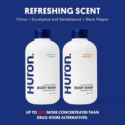 Huron Men’s Moisturizing Body Wash – Crisp & Invigorating Scent of Citrus, Eucalyptus, Mint, & Aromatic Greens - Coconut Oil, Vitamin E & Witch Hazel – Vegan, Cruelty-Free - 12.2 fl oz (2 Pack)
