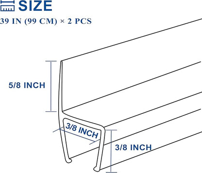 Frameless Shower Door Seal Strip 2 Pack x 39 Inch H for 3/8" Thick Glass Shower Door Side Seal Strip Bottom Seal Door Sweep Ultra Clear Polycarbonate, Stop Shower Leaks Create A Water Barrier