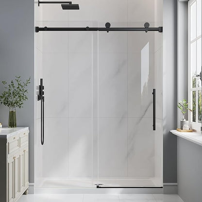 Frameless Glass Shower Door, 55-60" W x 76" H Sliding Frameless Shower Door, 1/4''(6mm) SGCC Tempered Glass, Explosion-Proof Film Nano Coating, Stainless Steel Hardware, Matte Black
