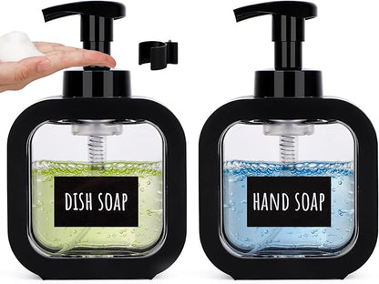 Segbeauty 10.1oz Black Foaming Soap Dispenser, 2pcs 300ml Square Refillable Dish Soap Foam Dispenser for Kitchen Cleaning, Empty Bathroom Shampoo Body Wash Foam Soap Pump Bottles with Pump Stickers