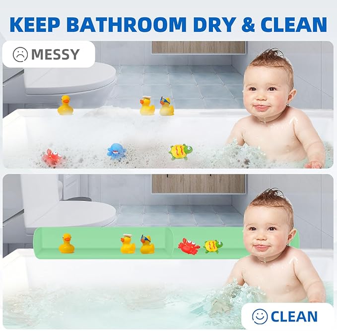 Splash Guard for Bathtub, 3.8" x 3.6" Silicone Bath Tub Splash Guard with 6 Suction Cups, Bathtub SplashGuard Play Shelf Area for Kids with 3°Drainage Slope for Faster Drying - 2 Packs Green