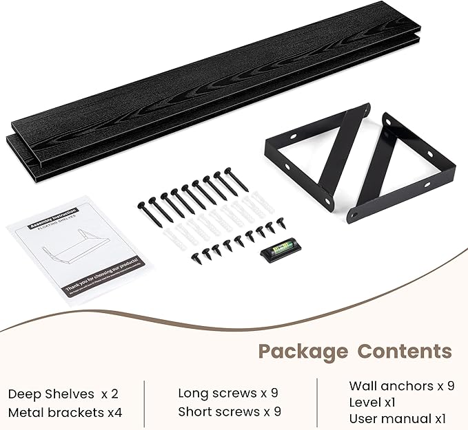 Dreamland 8 inch Deep Floating Shelves for Wall, 55W x 8D Wall Mounted Shelves Set of 2, Wide Display Ledge Shelf with Sturdy Metal Brackets for Living Room, Bathroom, Bedroom and Kitchen, Black
