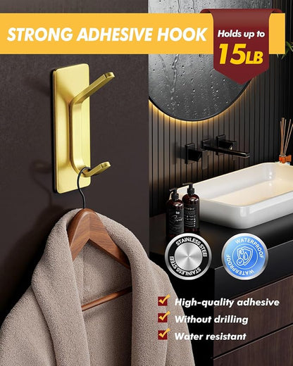Auxmir 5 Pack Self Adhesive Hooks for Hanging 15lb, Wreath Hanger for Front Door, Stainless Steel Towel Hooks for Wall, Waterproof Rustproof Adehesive Coat Hooks for Bathroom Kitchen Office RV, Gold