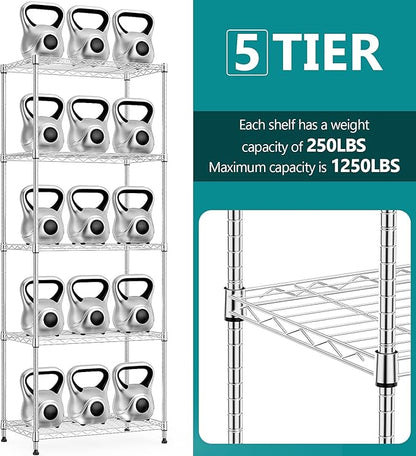 IZEUK 5-Tier Chrome Metal Storage Shelves, Adjustable Wire Shelving Unit for Kitchen, Bathroom, Pantry, Office, Garage, Organizer Wire Rack, 1250 lbs, 13.7" D x 23.6" W x 53.4" H