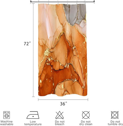 Small Stall Marble Shower Curtain 36 x 72 Inch, Half Narrow Abstract Modern Shower Curtains for Bathroom, Luxury Art Ink Texture Fabric Shower Curtain Set with Hooks, Orange