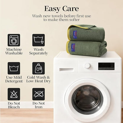 REDKISS 2 Pack 100% Cotton Bath Towels with Luxury Embellished Border Design, Oversized 27 x 54 Inches & 600 GSM Ultra Soft Bath Towel Set, Quick Dry Towels for Bathroom, Gym, Spa, Hotel, Army Green