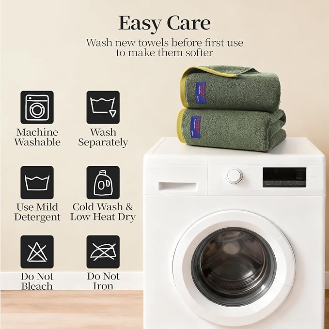 REDKISS 6 Pack Cotton Towel Set with Luxury Embellished Border, 600 GSM Ultra Soft & Highly Absorbent Bath Towels Set with 2 Bath, 2 Hand, 2 Washcloths for Bathroom, Gym, Spa, Hotel, Army Green