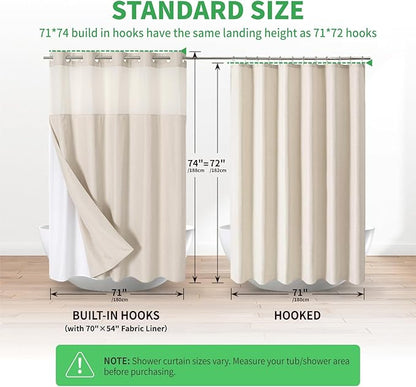 Boho Farmhouse No Hook Shower Curtain Set with Snap-in Fabric Liner,Heavy-Duty Linen Textured Rustic Striped Design,Water-Repellent with Tassels and Sheer Window,Cream/Beige,71x74