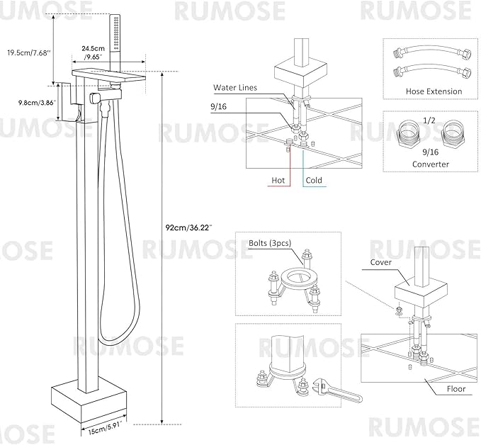 RUMOSE Polished Chrome Bathtub Filler Freestanding Tub Filler Floor Mount Tub Faucet Waterfall Bathtub Faucet with CUPC Certified High Flow Brass Bath Shower Faucets with Handheld Sprayer