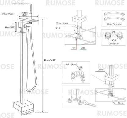 RUMOSE Polished Chrome Bathtub Filler Freestanding Tub Filler Floor Mount Tub Faucet Waterfall Bathtub Faucet with CUPC Certified High Flow Brass Bath Shower Faucets with Handheld Sprayer