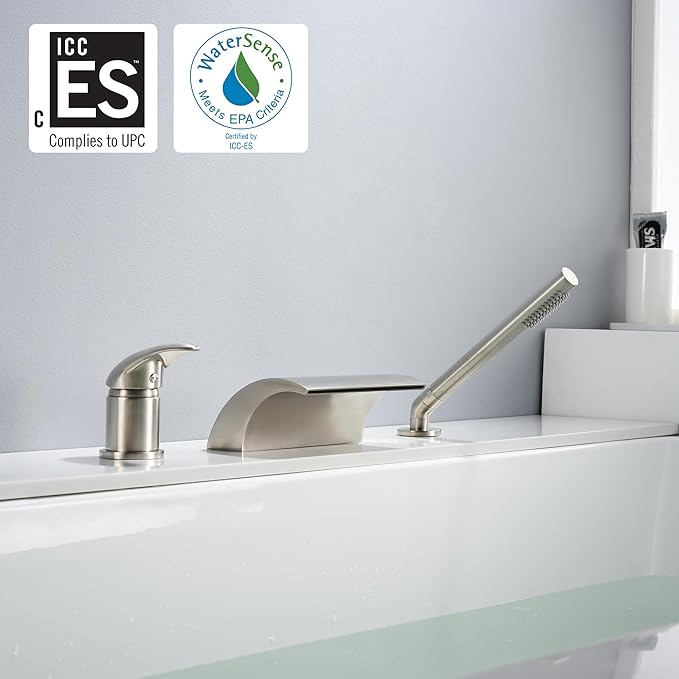 sumerain Waterfall Roman Tub Faucet with Diverter Brushed Nickel, High Flow Waterfall Spout