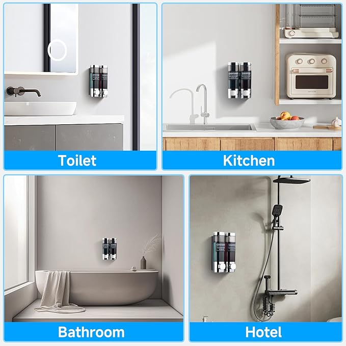 Shampoo and Conditioner Dispenser,GlintGath Shower Dispenser 2 Chamber No Drill Shampoo Dispenser for Shower Wall Mounted Shower Soap Dispenser for Bathroom Hotel,2 * 300ML,Chrome