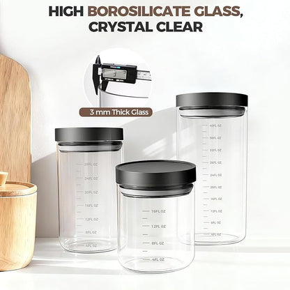 Danbark Set of 4 30oz Airtight Glass Storage Canisters with Lids - Pantry Organizers and Storage Glass for Kitchen - for Pantry, Flour, Sugar, Coffee, Tea, Pasta, Rice, and Snacks - Black